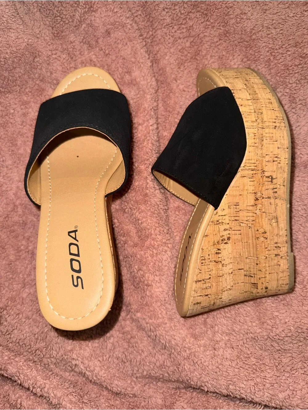 Soda Black Cork Wedge Slide Sandals - Open Toe